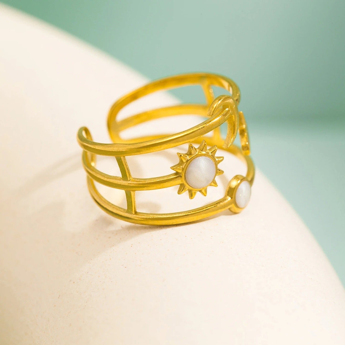 Bague ajustable vintage or soleil et lune