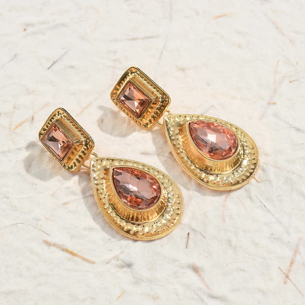 Pendientes vintage de lágrima con piedras preciosas rosas y doradas
