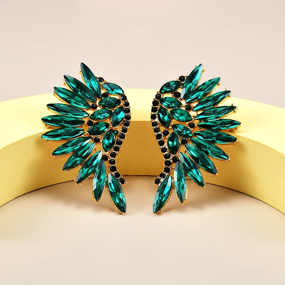 Pendientes vintage de cristal alado en oro y verde azulado