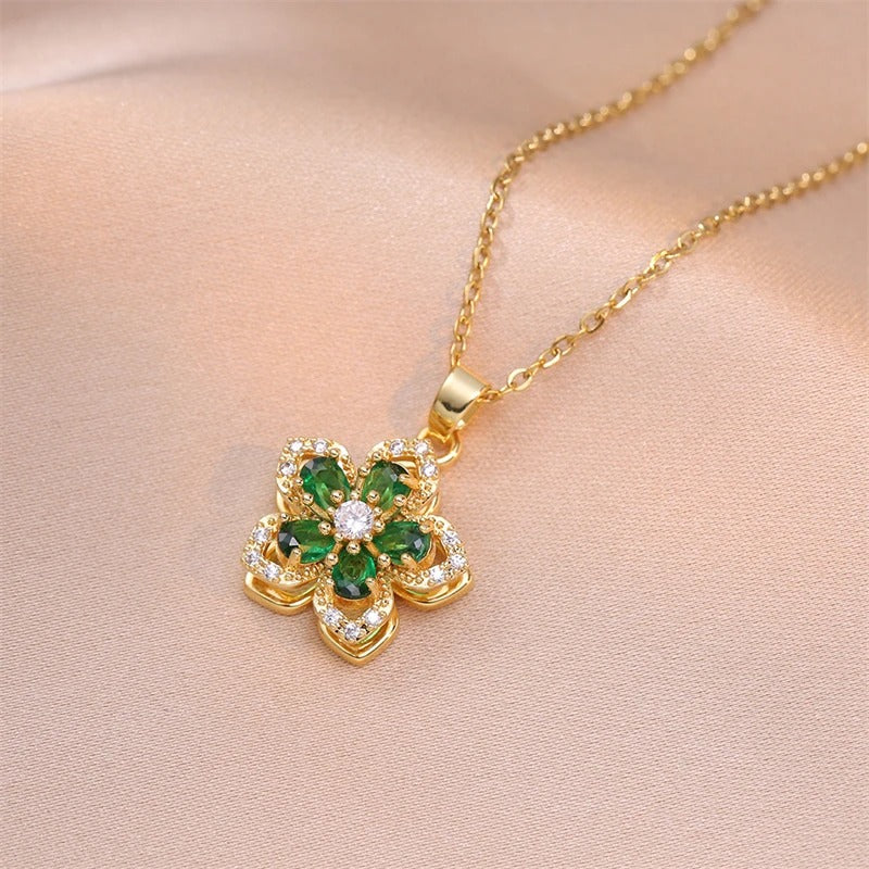 Collier pendentif vintage or et vert fleur