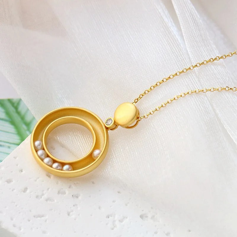 Classic Gold Matte Pearl & Circle Design Pendant Necklace