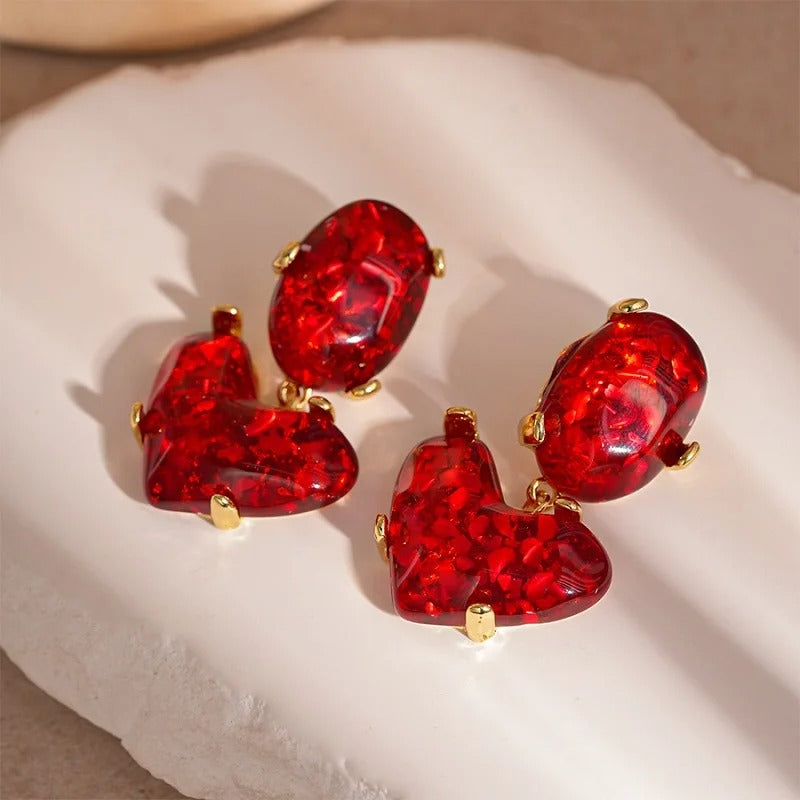 Pendientes colgantes de cristal con forma de corazón rojo vintage