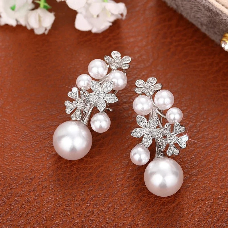 Vintage Silver Floral Pearl Earrings