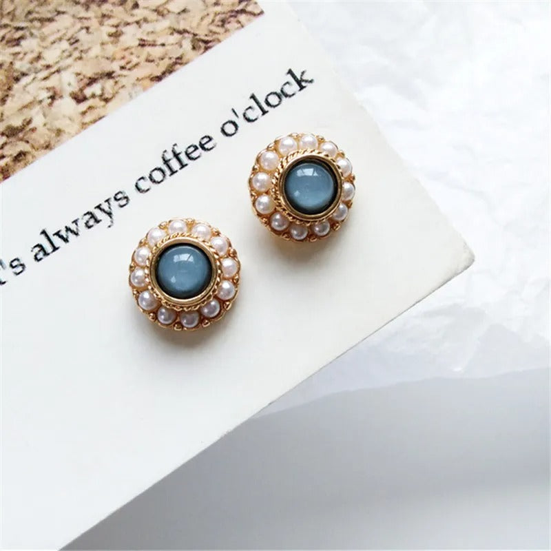 Vintage Gold & Pearl Blue Stone Stud Earrings
