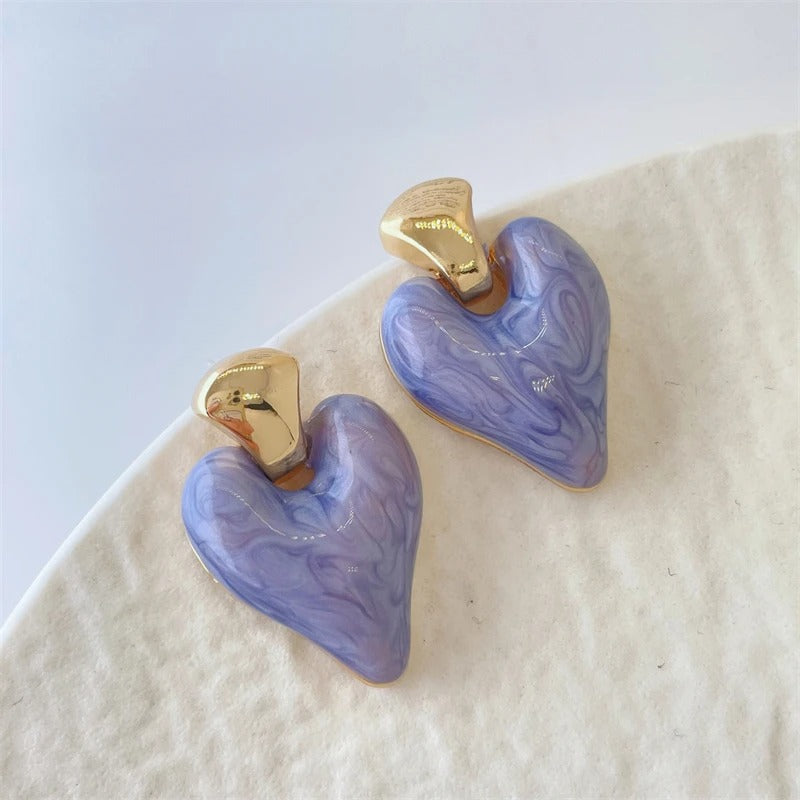 Pendientes colgantes vintage de corazón morado dorado