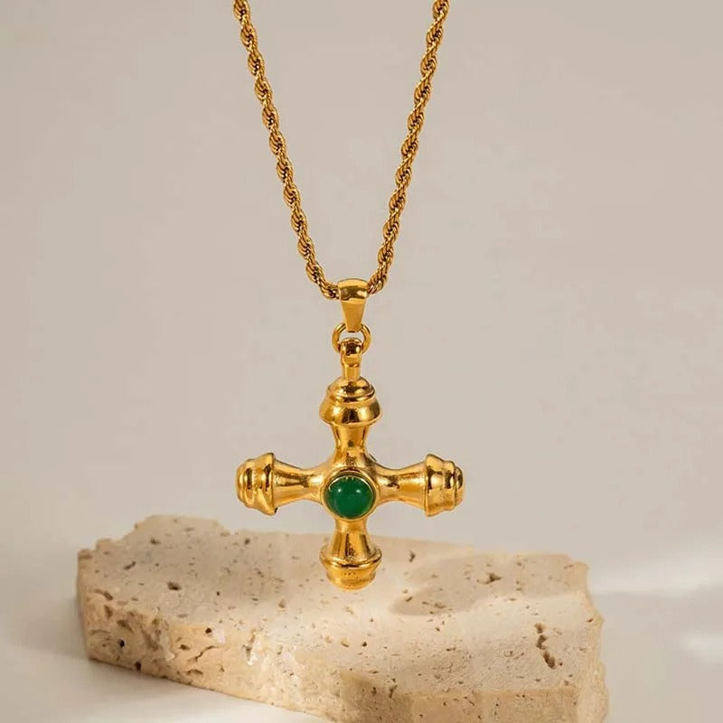 Vintage Gold Cross Pendant & Centered Green Gem Necklace