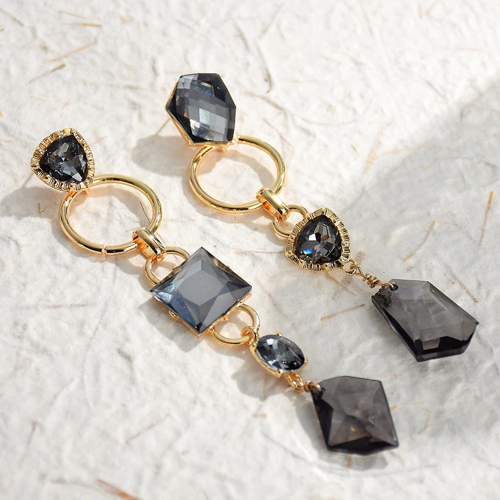 Pendientes colgantes vintage de cristal negro dorado