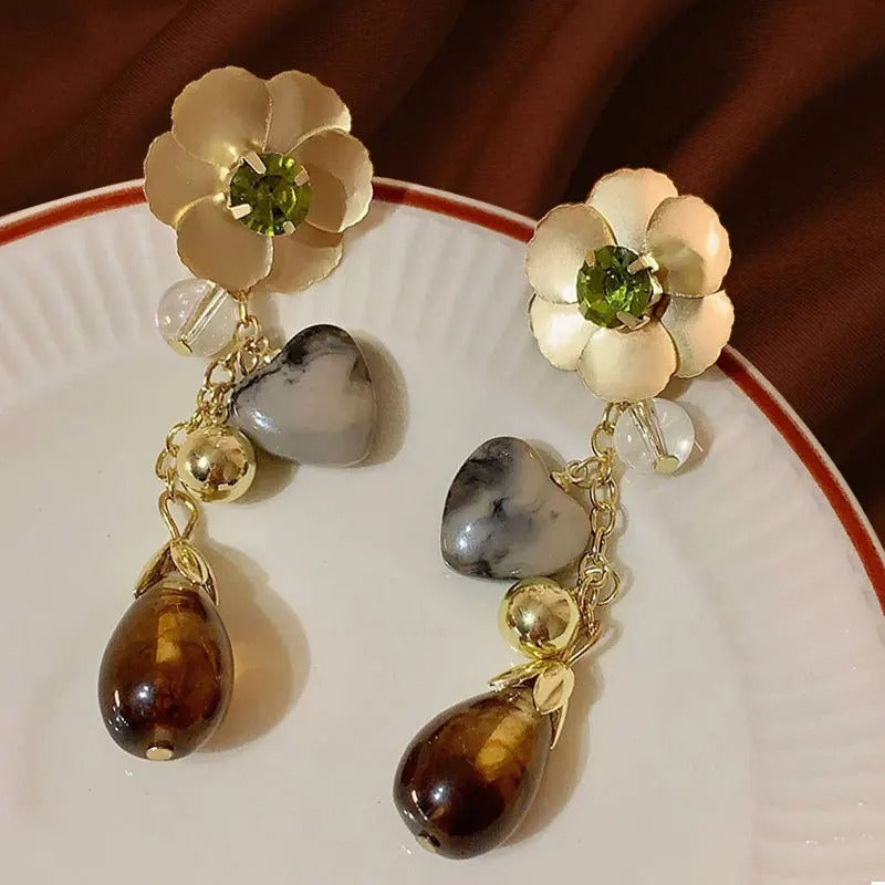 Classic Gold Flower Earthy Gemstone Dangle Earrings
