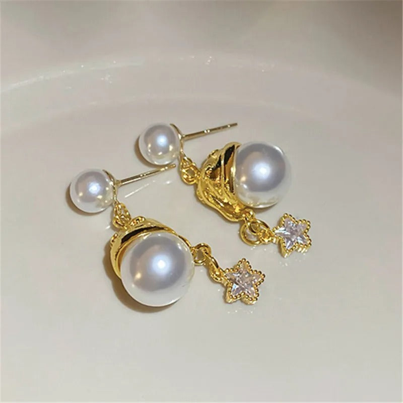 Antique Style Pearl & Sparkling Star Charm Gold Earrings