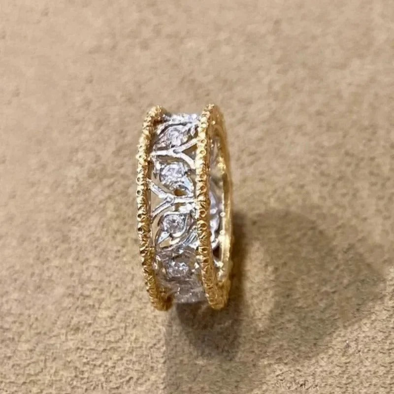 Classic Gold & Silver Carved Diamond Leaf Adjustable Ring