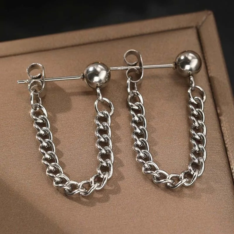 Boucles d'oreilles vintage en argent avec boule et chaîne
