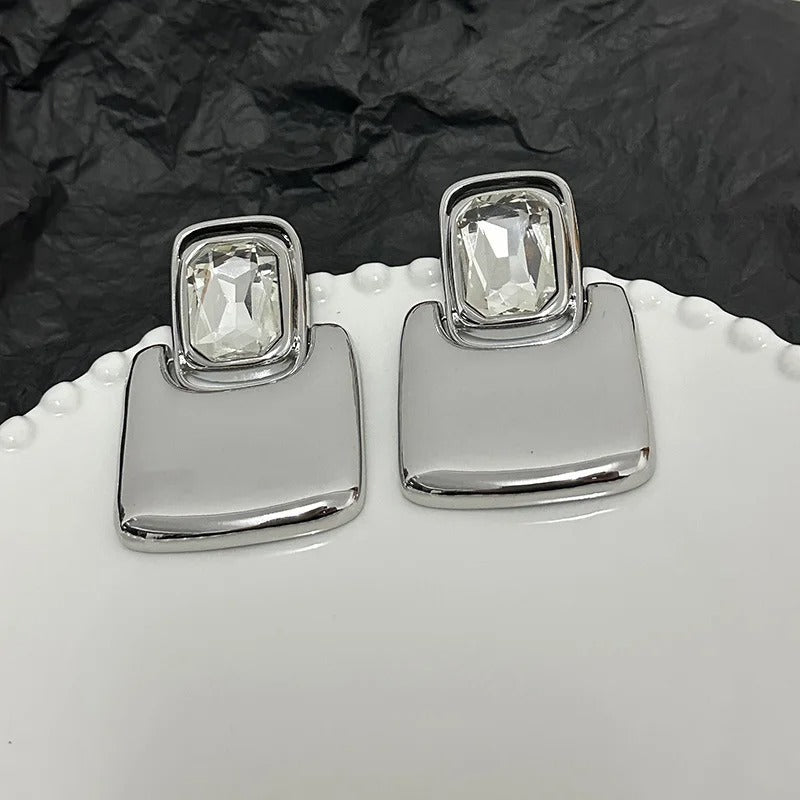 Pendientes de botón de cristal cuadrado de plata