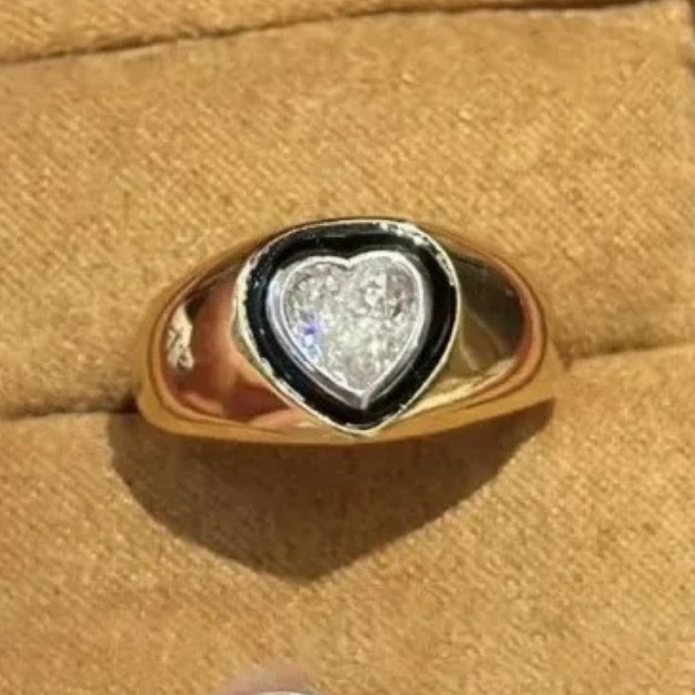 Anillo ajustable retro de oro y diamantes con corte de corazón y esmalte negro