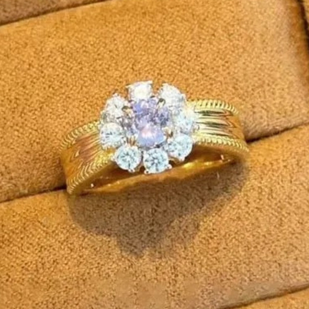 Vintage Gold & Purple Gemstone Diamond Cluster Adjustable Ring