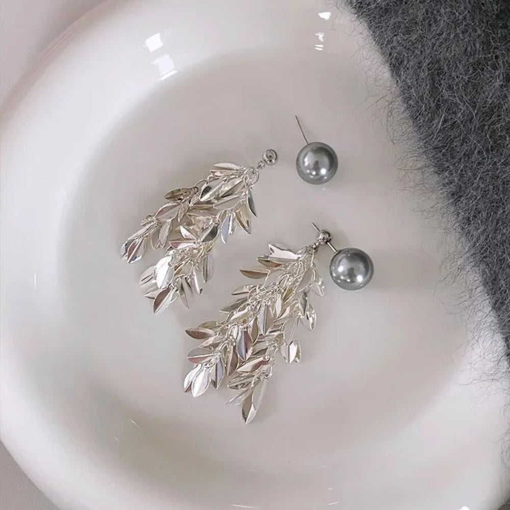 Silver Pearl Leaf Dangle Earrings