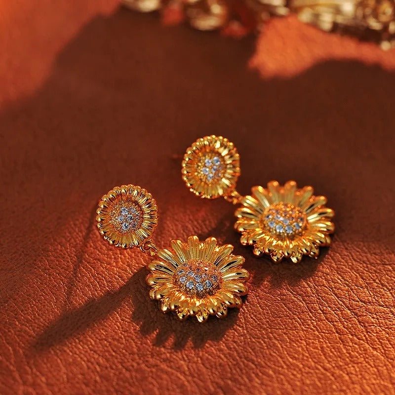 Pendientes colgantes vintage de girasol dorado