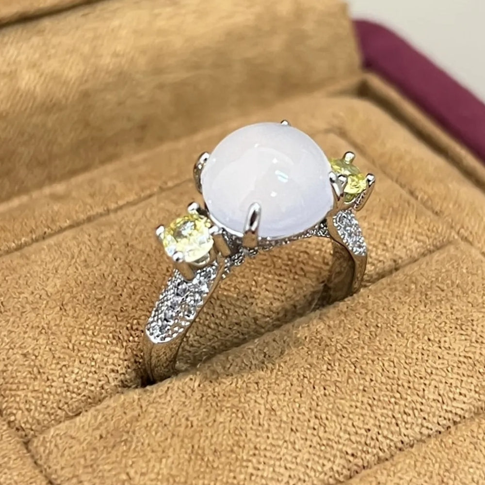 Bague ajustable classique en argent, ornée d'une pierre précieuse jaune et blanche