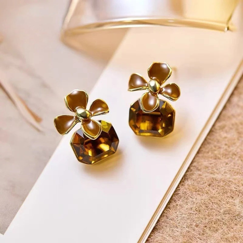 Pendientes colgantes de cristal con flores marrones vintage
