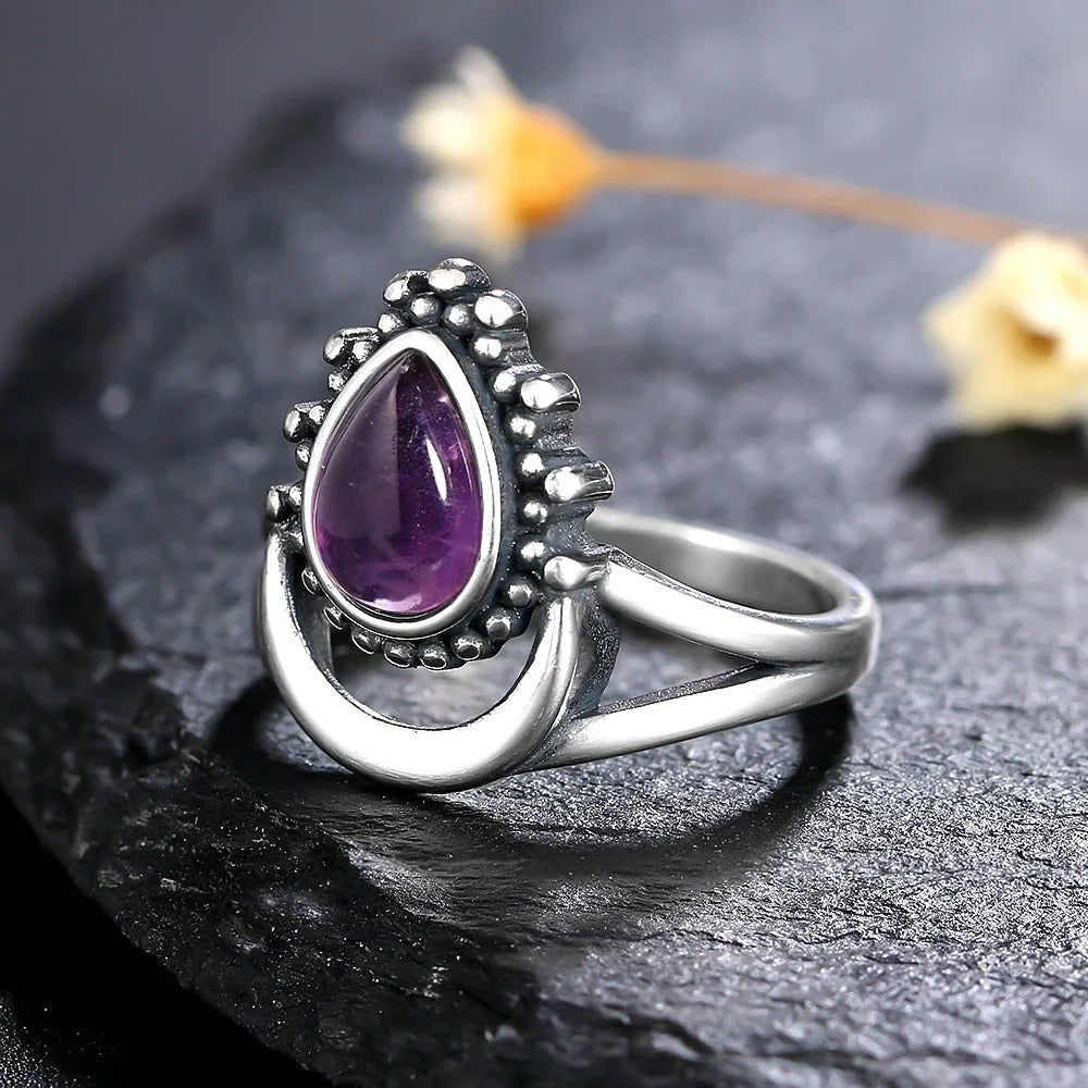 Vintage Purple Teardrop Silver Ring
