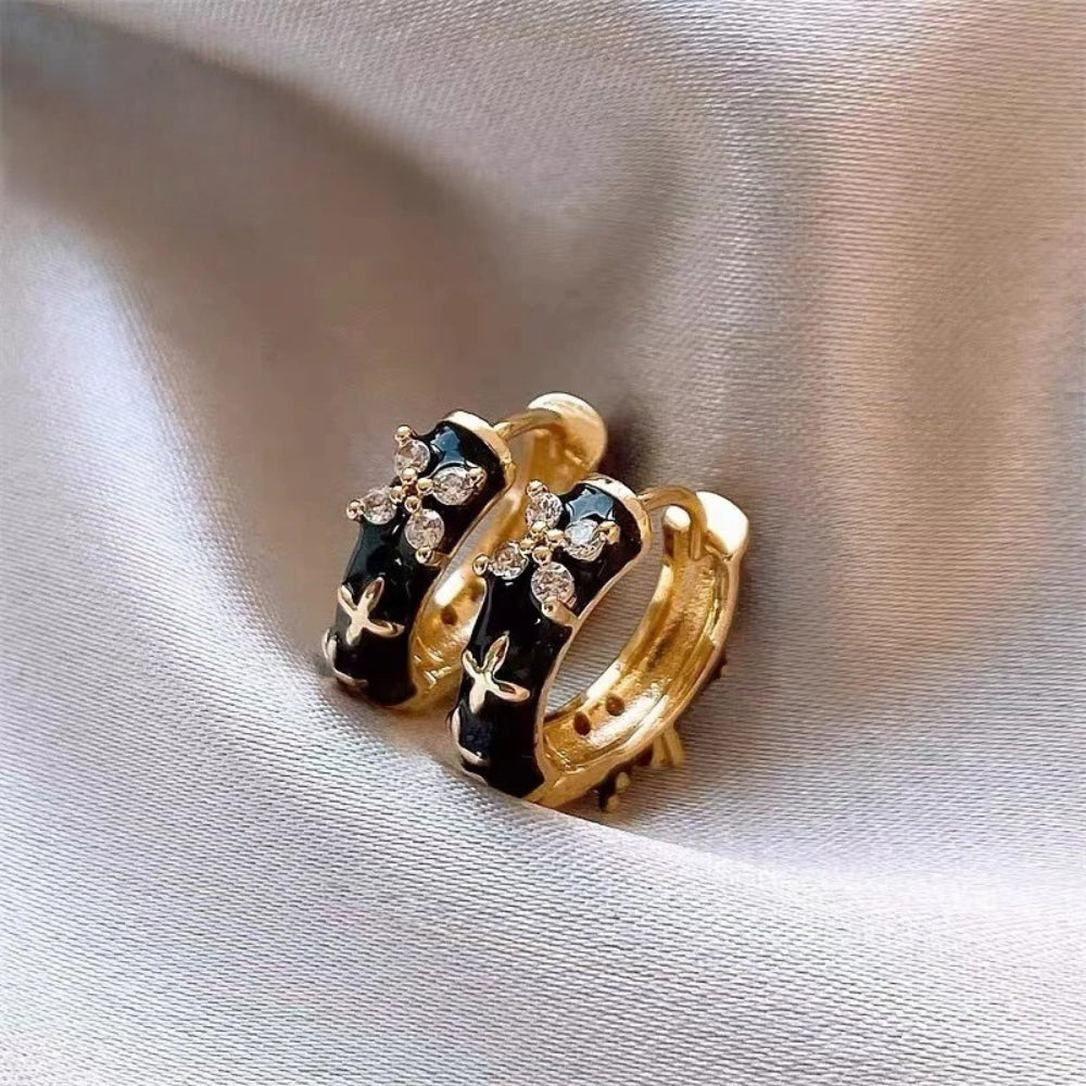 Pendientes vintage de flores de esmalte dorado y negro