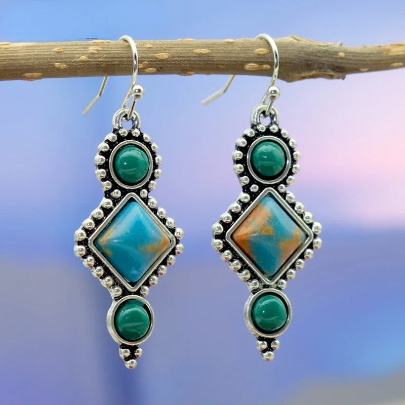 Pendientes colgantes vintage de piedras preciosas azules y verdes