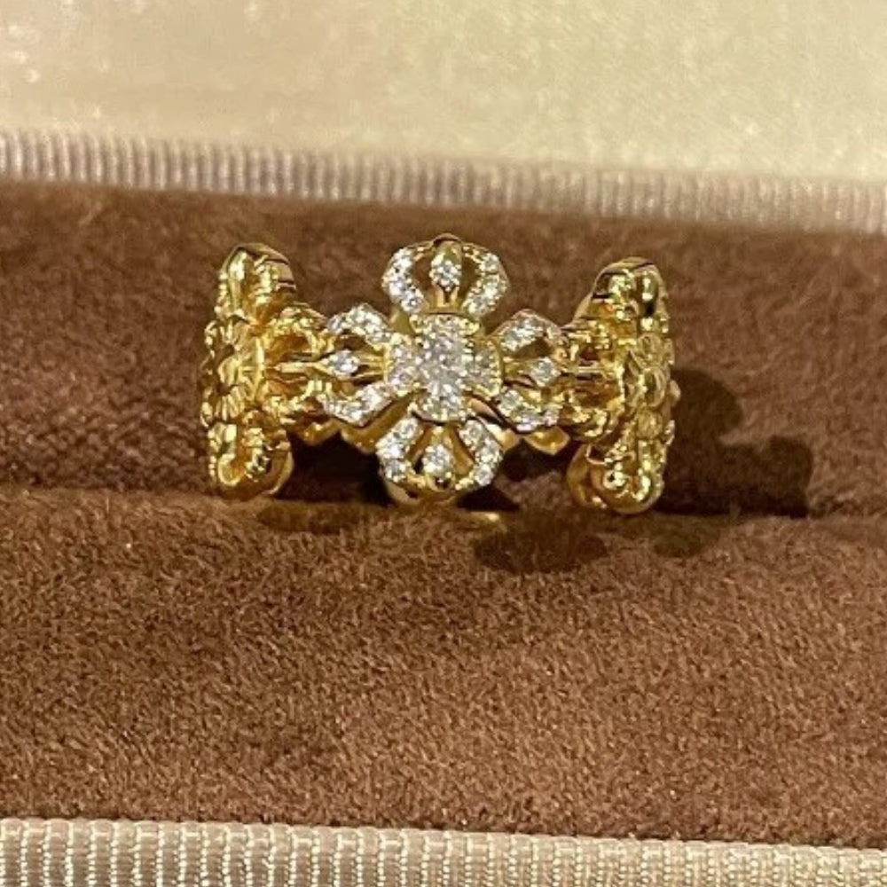Vintage Gold & Diamond Floral Blossom Adjustable Ring