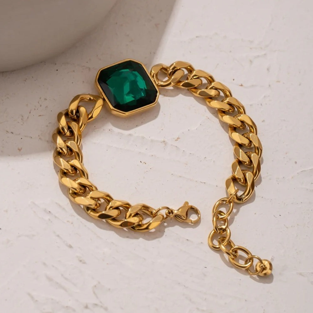 Pulsera vintage de cadena con piedra verde y oro