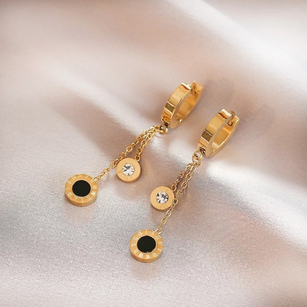 Pendientes colgantes vintage de oro y cristal negro