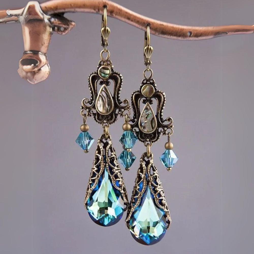 Pendientes vintage de araña de cristal azul y dorado