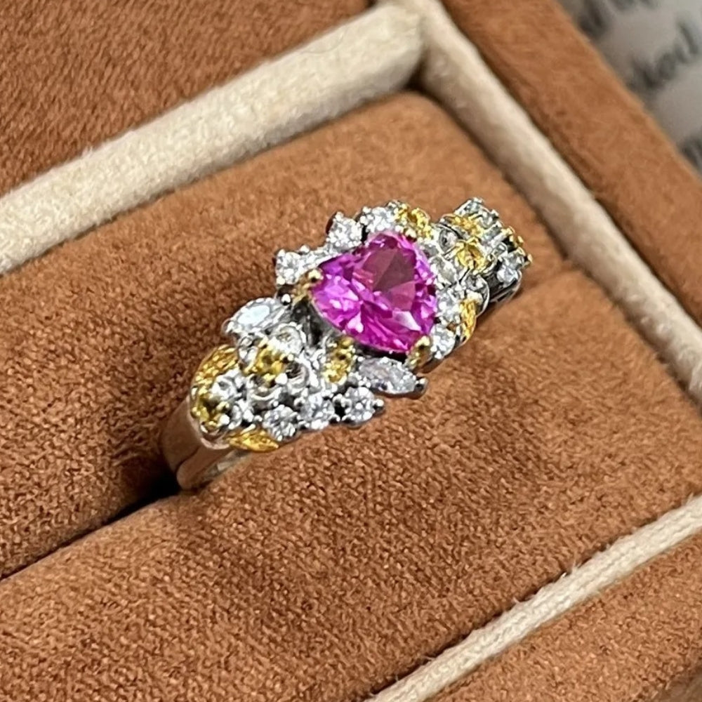 Anillo ajustable vintage con piedras preciosas en forma de corazón rosa y flores