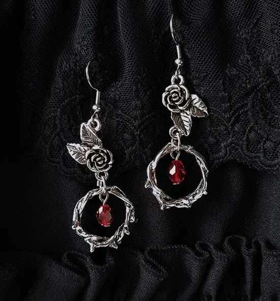 Vintage Silver Rose & Red Crystal Earrings