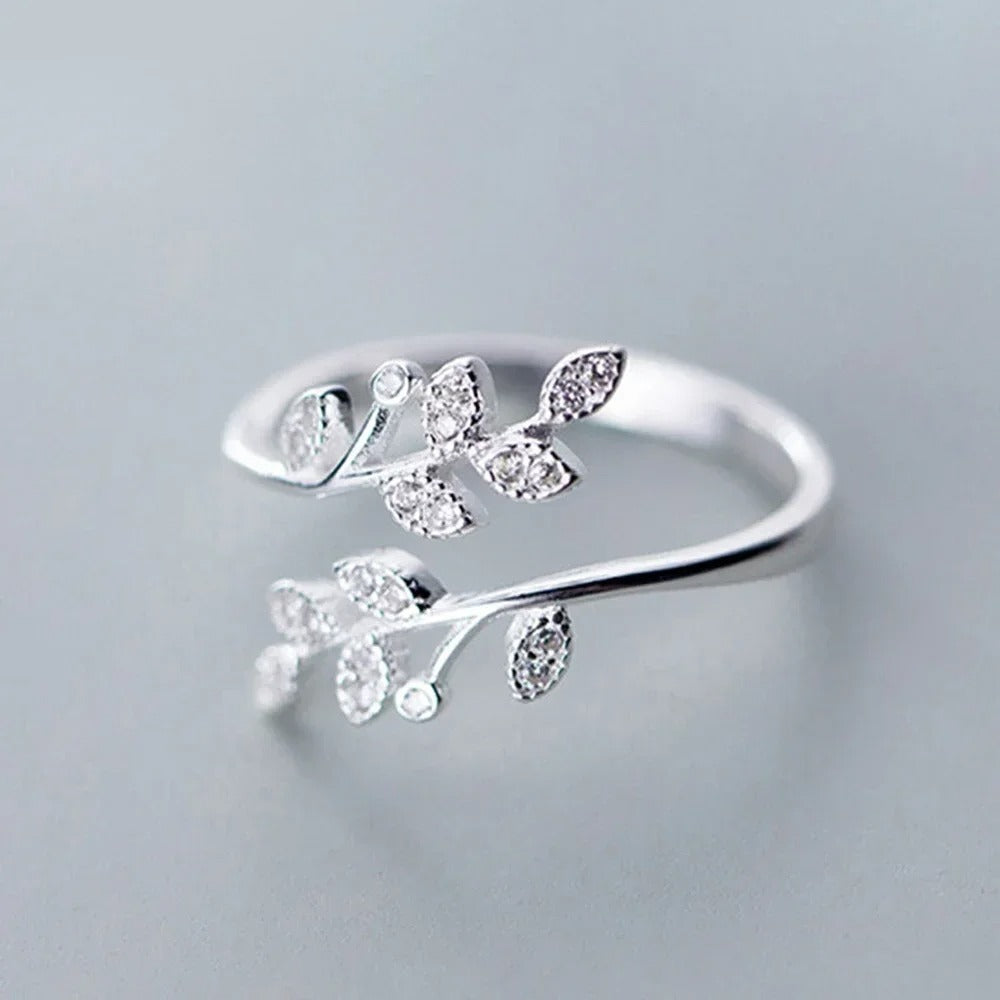 Anillo ajustable vintage con forma de rama de hoja de plata