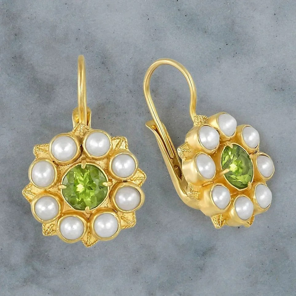 Classic Gold Pearl & Green Stone Earrings