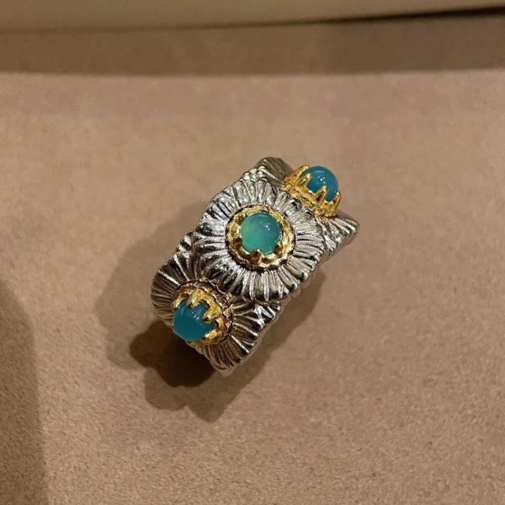 Bague ajustable classique en argent et or avec motif floral et turquoise