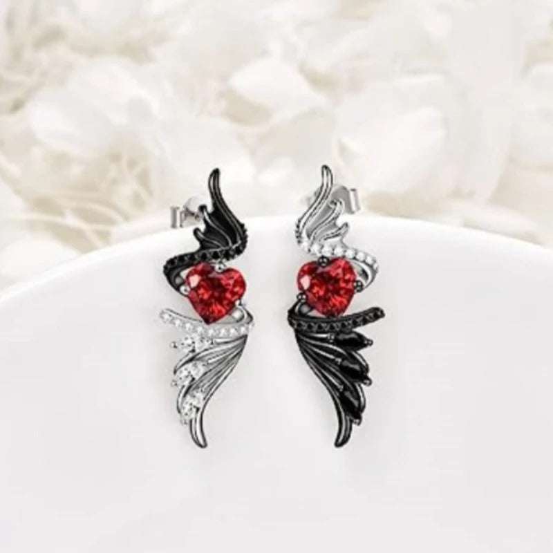 Boucles d'oreilles vintage argentées en forme de cœur rouge et d'aile