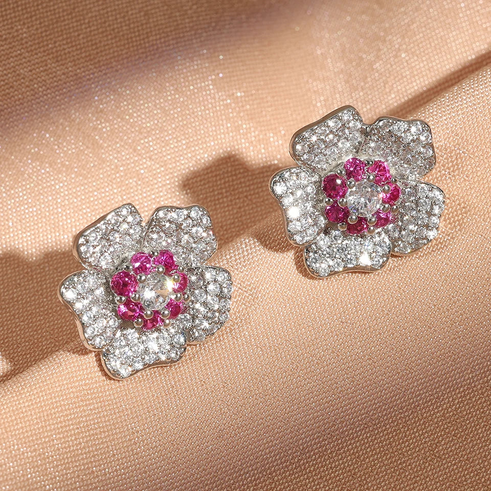 Boucles d'oreilles vintage argentées à fleurs roses