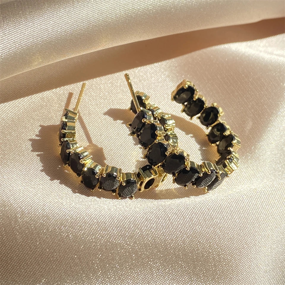 Pendientes de aro vintage de cristal negro y dorado