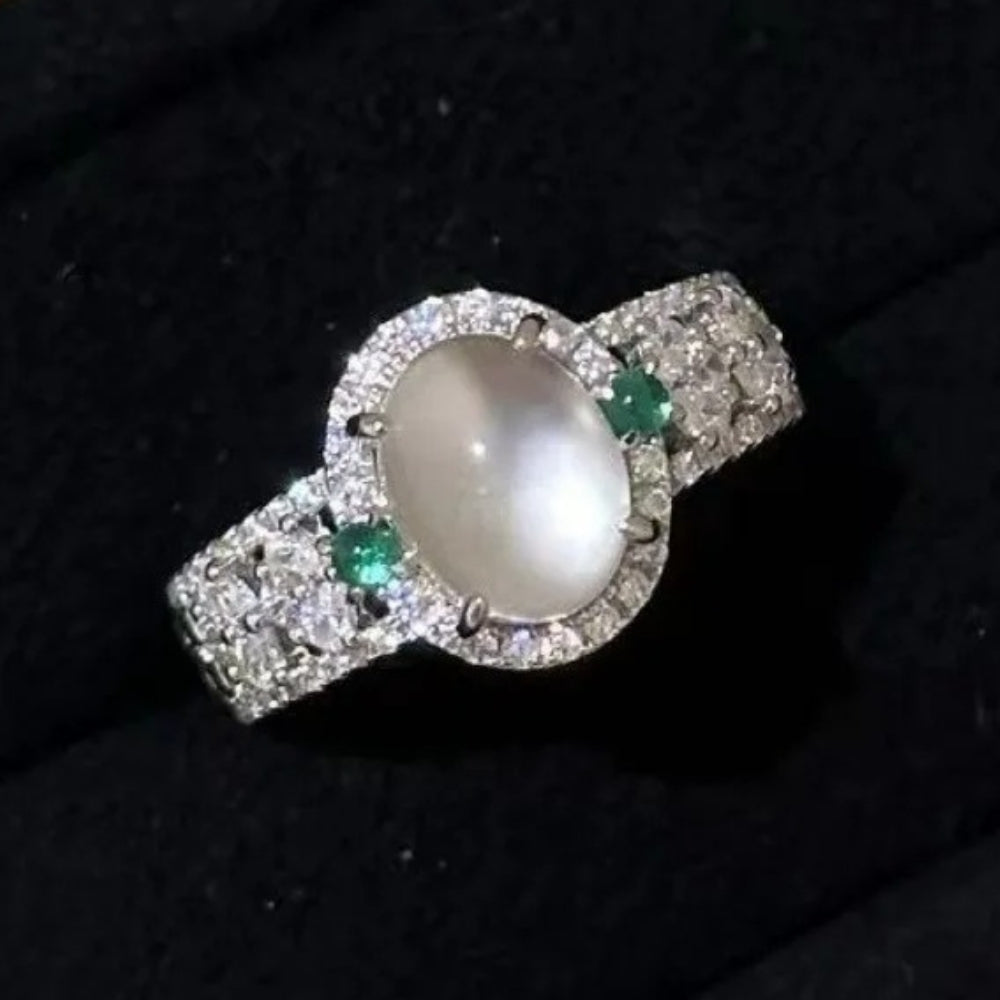 Retro Silver White & Green Gemstone Moonstone Adjustable Ring