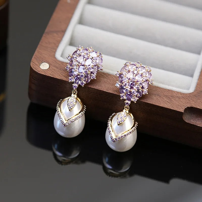Vintage Purple Crystal & Pearl Drop Earrings