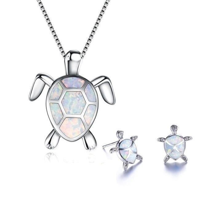 Ensemble collier et boucles d'oreilles tortue marine en opale et argent