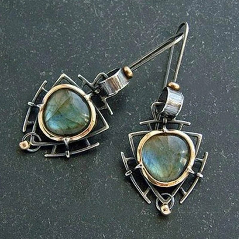 Boucles d'oreilles vintage en argent et or en labradorite