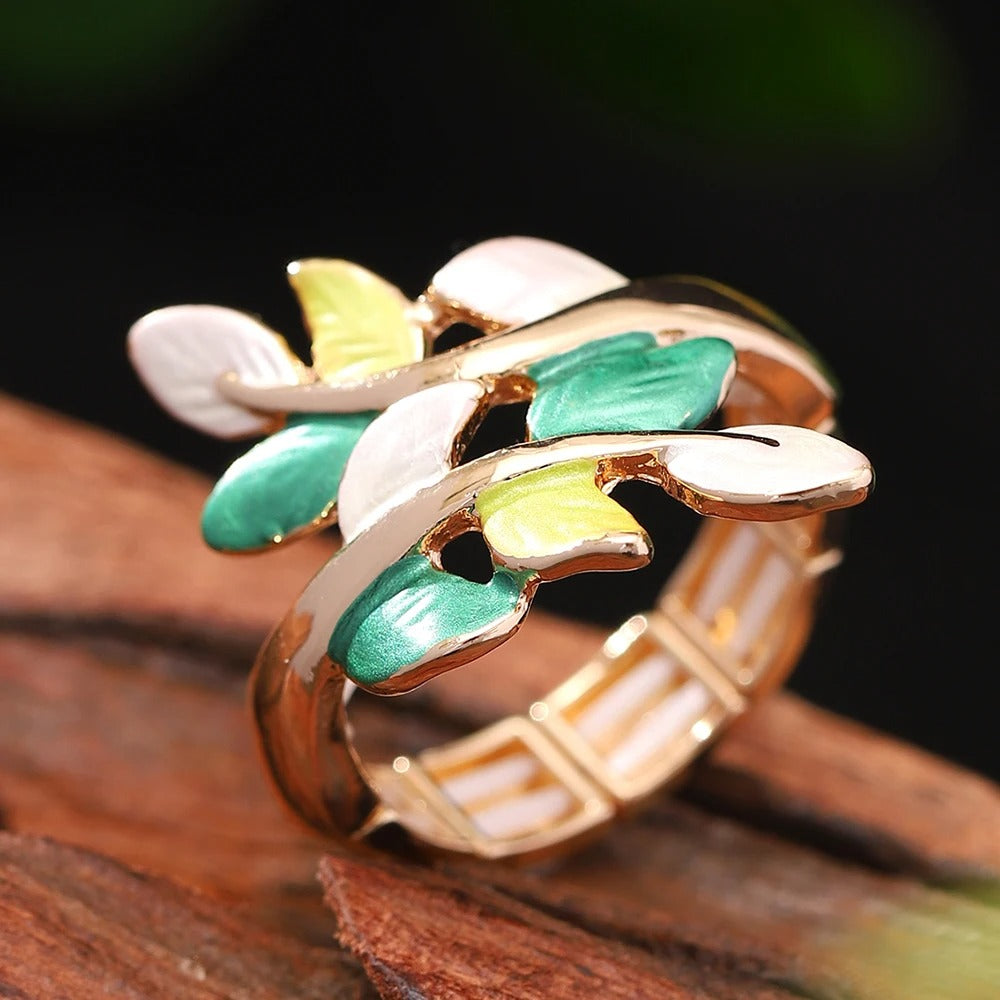 Bague ajustable vintage en or vert et jaune feuille