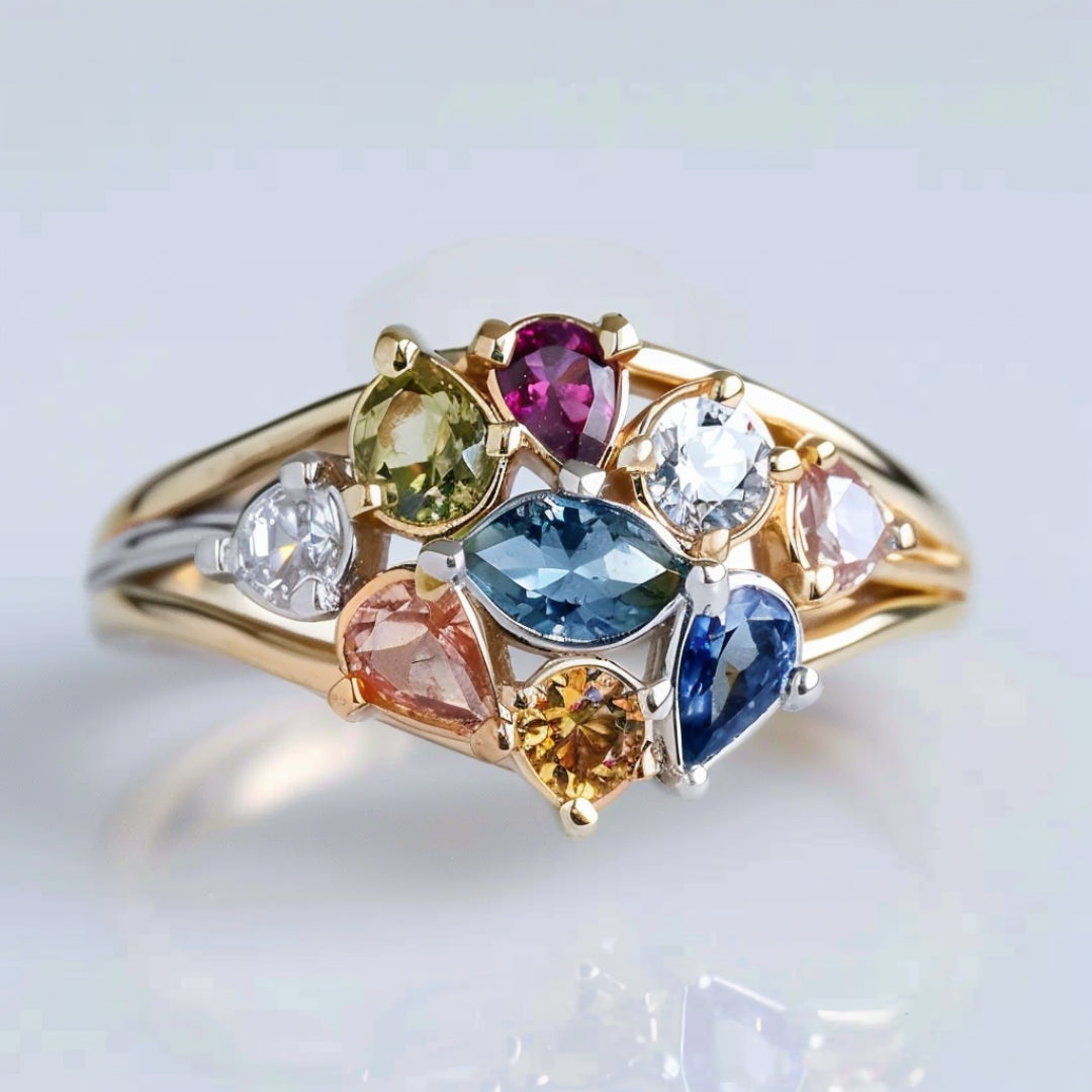 Bague en or ornée de cristaux colorés