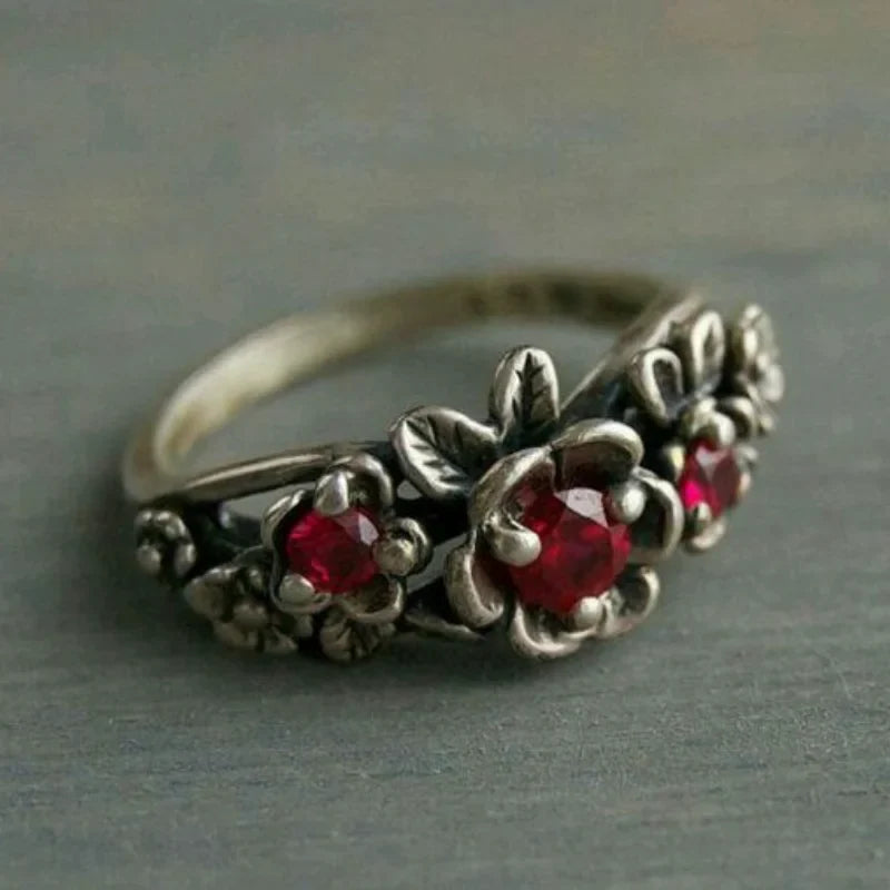 Vintage Silver Ruby Flower Ring