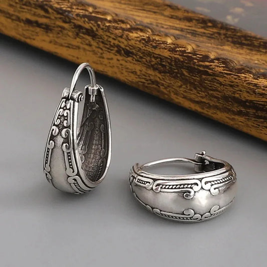 Vintage Silver Ornate Hoop Earrings