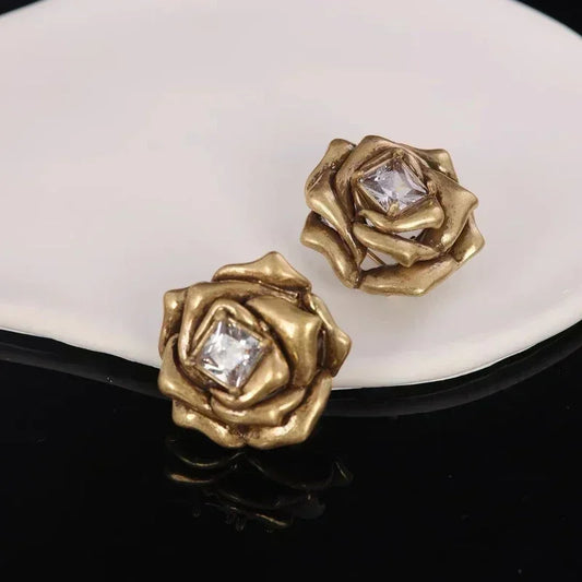 Vintage Gold Rose Stud Earrings