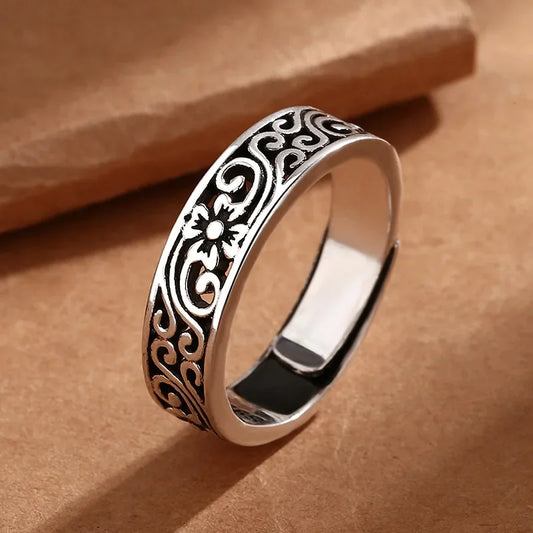 Vintage Silver Floral Pattern Adjustable Ring