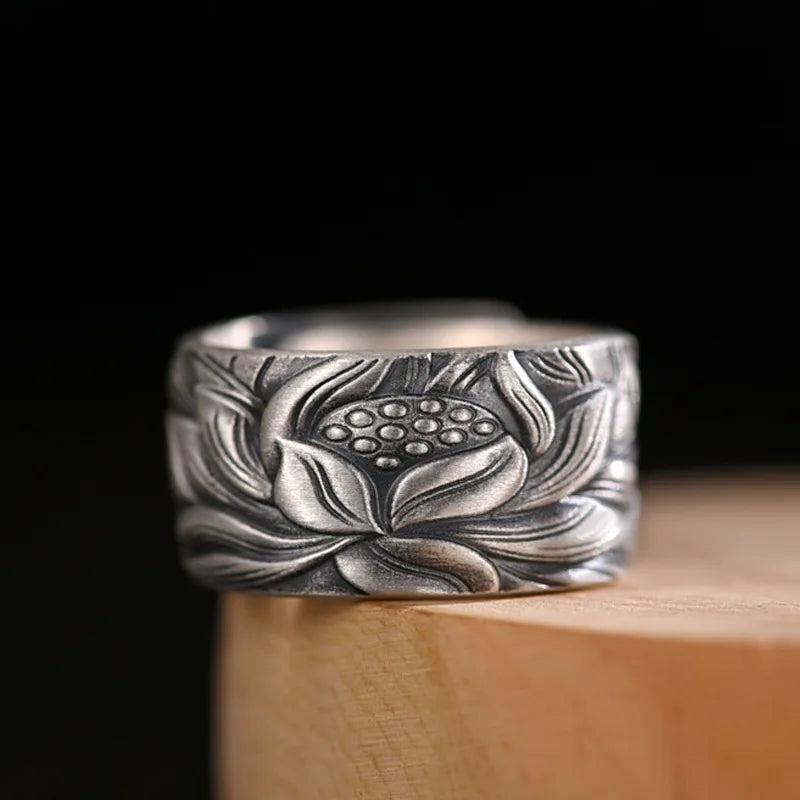 Vintage Silver Lotus Flower Adjustable Ring