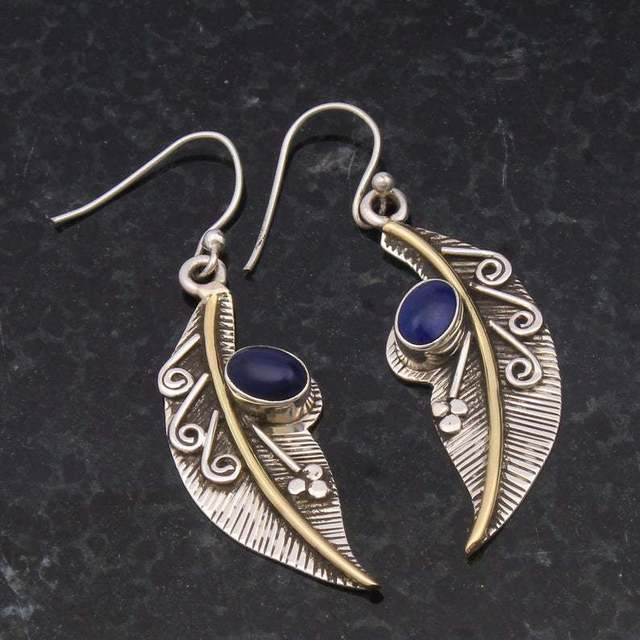 Pendientes vintage de hoja de cristal azul