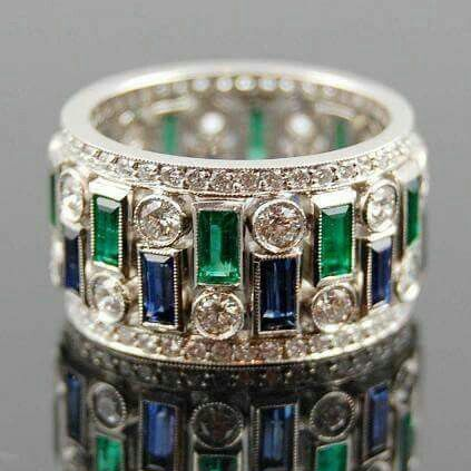 Anillo vintage de cristal verde y azul 